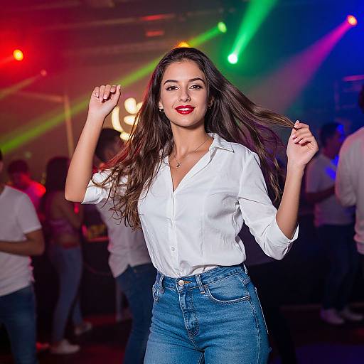 Photograph of a smiling woman with long dark hair, wearing a white button-up shirt and high-waisted blue jeans, dancing under colorful stage lights