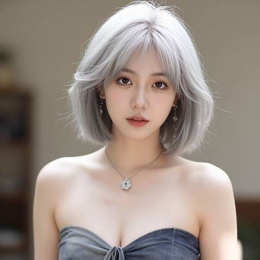 Photorealistic digital portrait of an East Asian woman with silver bob hair, wearing a strapless grey top and silver necklace, looking directly at the camera