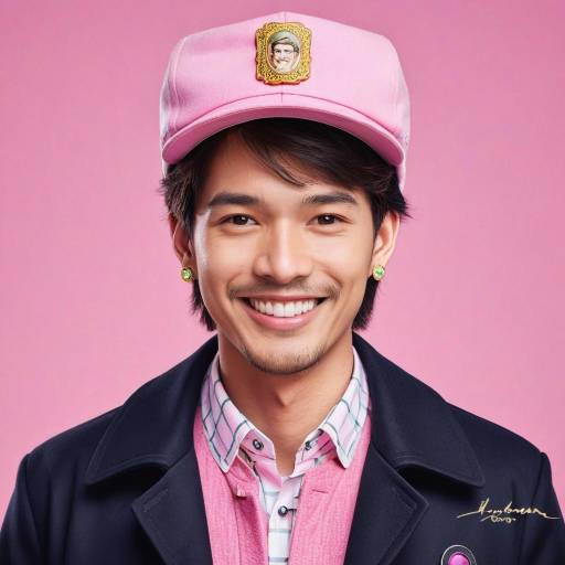Smiling Young Man in Pink Cap and Layered Outfit