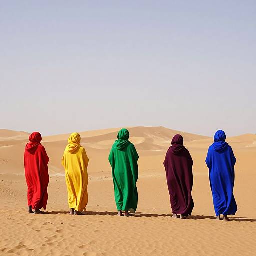 Photograph of five women in colorful hijabs (red, yellow, green, black, blue) walking away in a bright, sandy desert under a