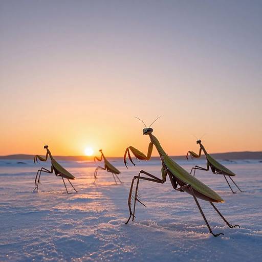 Photograph of four detailed, silhouetted praying mantis models walking on a frozen, reflective surface during a vibrant sunset with a gradient sky from