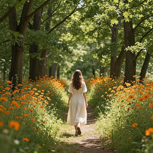 Woman in Cream Dress on Forest Path