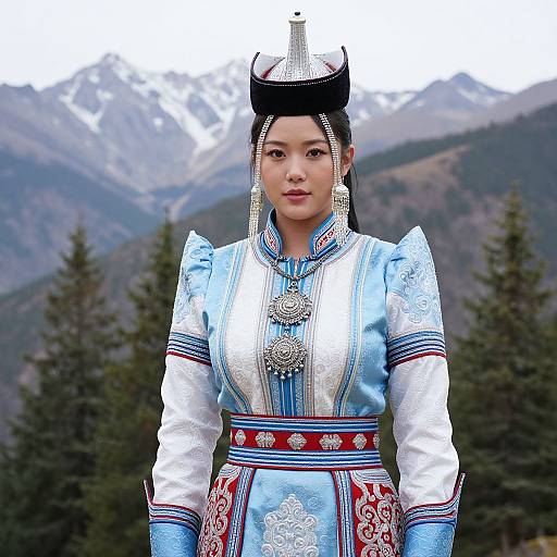 Photograph of an Asian woman in traditional light blue and white ethnic dress with intricate embroidery, silver jewelry, and black hat, standing in front of mountain