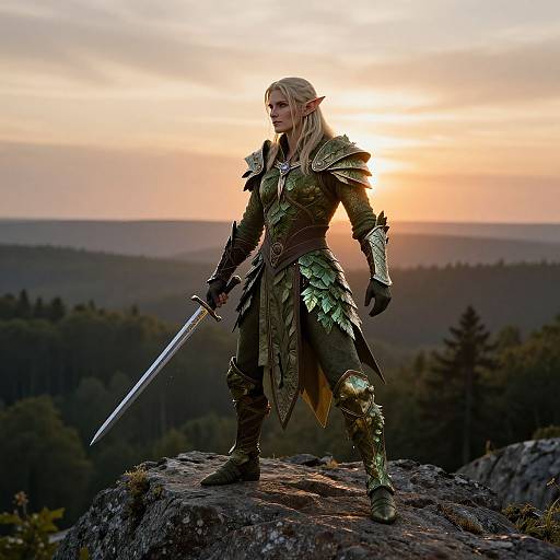 Epic fantasy illustration: Blonde elf warrior in ornate green armor stands confidently on a rocky outcrop, holding a sword, at sunset over a forest