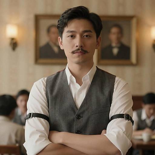 Man in Grey Vest with Thin Mustache