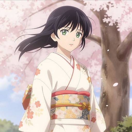 Anime-style digital drawing of a young woman with green eyes, black hair, and floral yukata, standing under cherry blossom trees.