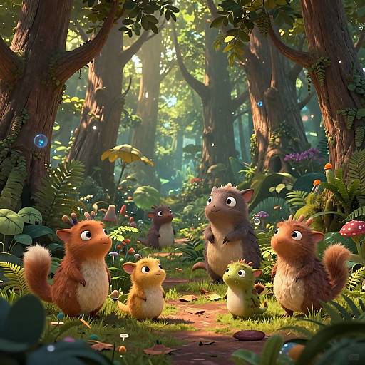 Digital illustration of five cute, fluffy squirrels with big eyes in a sunlit, enchanted forest, surrounded by vibrant plants and glowing fairy lights.