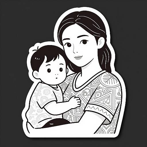 Black and white digital illustration of a woman with long hair holding a child, both wearing patterned clothes, against a dark background. Simple, stylized