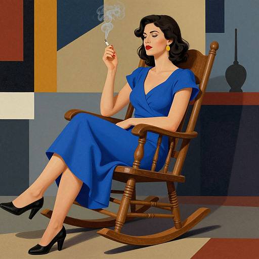 Vintage-style digital illustration of a fair-skinned woman with black wavy hair, wearing a blue V-neck dress and black heels, smoking a cigarette while