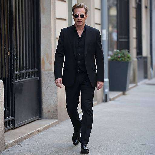Photograph of a stylish man in a black suit, black shirt, and sunglasses walking down a city street with black iron gates and potted plants in
