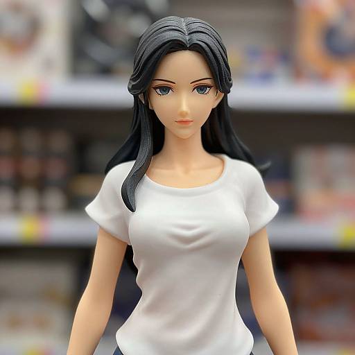 Photorealistic doll with long black hair, blue eyes, and white t-shirt, standing in a blurred, colorful store background.