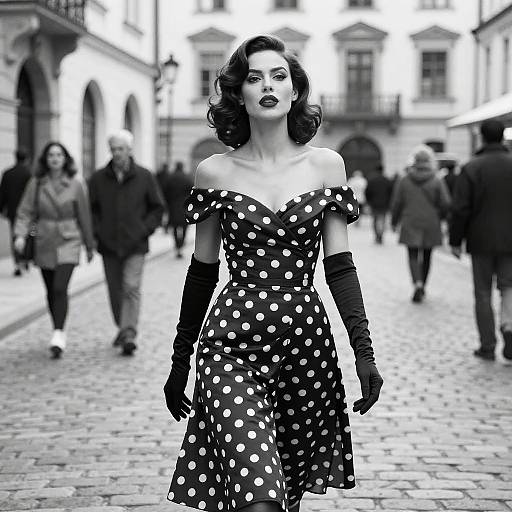 Black-and-white photograph of a glamorous woman with dark, wavy hair, wearing an off-shoulder polka dot dress, long gloves, and