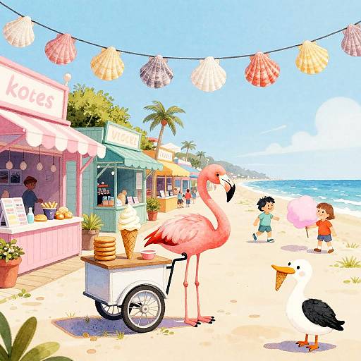 Flamingo Serving Ice Cream on Coastal Boardwalk