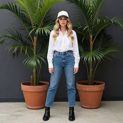 Photograph of a blonde woman with wavy hair, wearing a white shirt, blue jeans, black boots, and a white cap, standing between two
