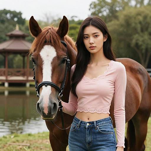 Young Woman with Horse by Lake