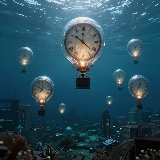 Photograph of floating clock-shaped balloons with glowing faces above a cityscape at night, set against a deep blue, illuminated sky.