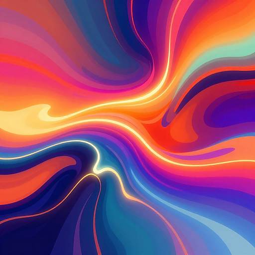 Abstract digital art featuring vibrant, swirling waves of neon orange, red, blue, and purple, creating a dynamic, colorful vortex effect.
