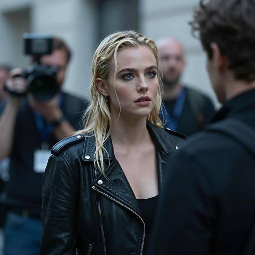 Blonde Woman in Black Leather Jacket Facing Man