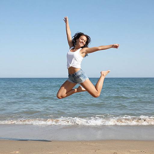 Happy Woman Jumping on Beach