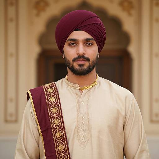 Photograph of a bearded South Asian man with medium brown skin, wearing a maroon turban, cream kurta, and maroon sash