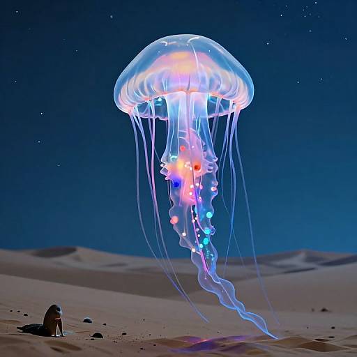 Photograph of a glowing jellyfish with colorful tentacles hovering above a lone, shadowy figure on a desert-like, starry night landscape.