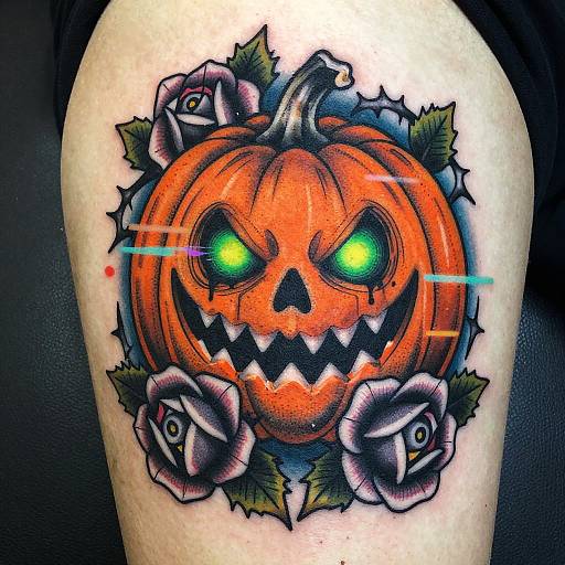 Vibrant, colorful Halloween tattoo of a glowing green-eyed, menacing jack-o'-lantern with sharp teeth, surrounded by purple roses and holly