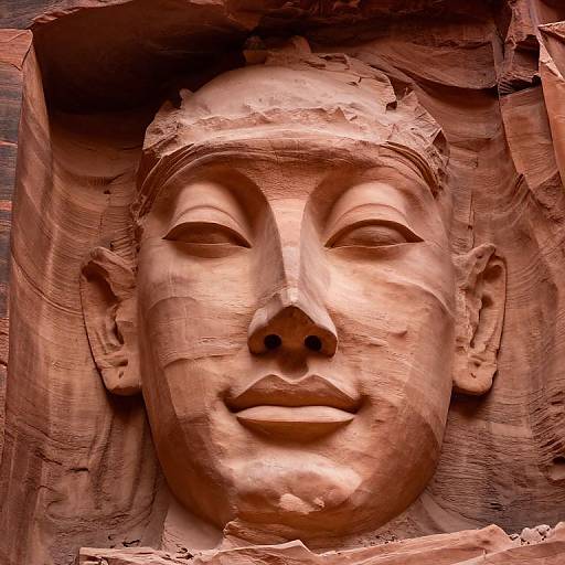 Photograph of a detailed, carved sandstone bust with a serene, smiling face, featuring smooth textures and rough edges, set against a reddish-b