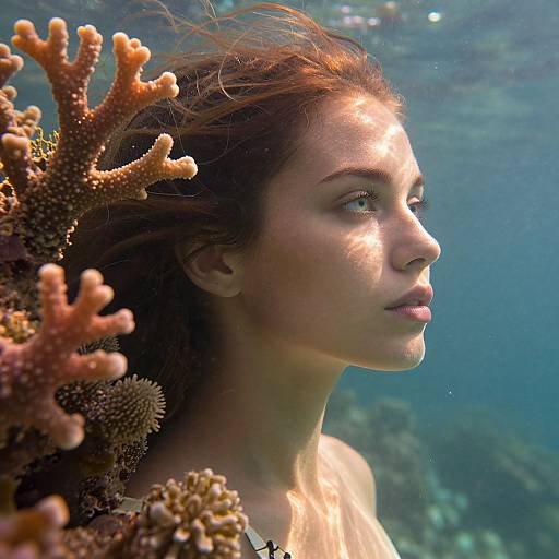 Underwater photograph of a fair-skinned young woman with brown hair, gazing upward, surrounded by coral, sunlight illuminating her face.