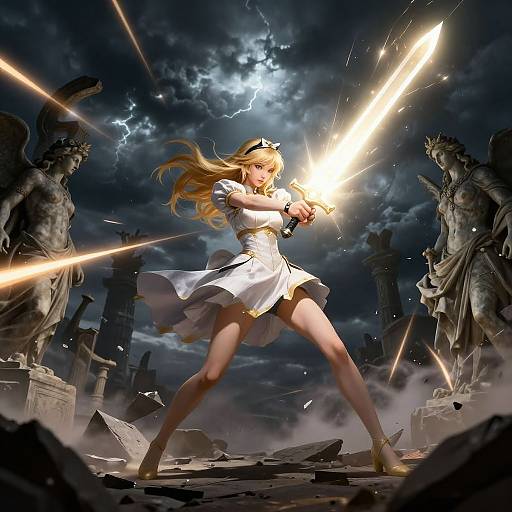 Digital artwork of a blonde warrior woman in a white dress, dual-wielding glowing swords, battling amidst stormy skies and crumbling statues.