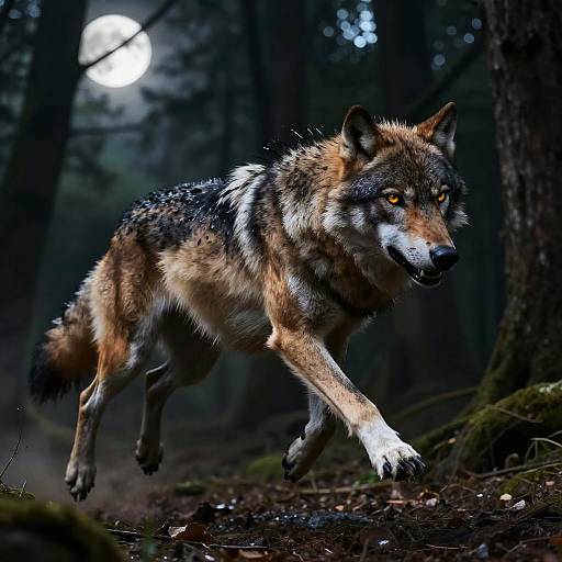 Photorealistic digital artwork of a fierce, mid-jump gray wolf with intense amber eyes, detailed fur, and a full moon in a dark,