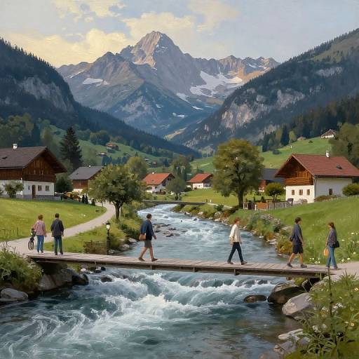 Photograph of a picturesque mountain village with five people crossing a wooden bridge over a rushing river, surrounded by green hills and snow-capped peaks under a