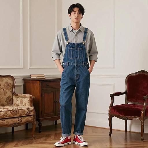 Photorealistic Young Man in Denim Overalls