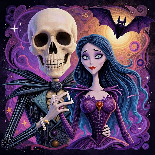 Digital illustration of a pale-skinned, blue-haired woman in a gothic dress, holding a skeletal figure in a black suit, with a bat flying