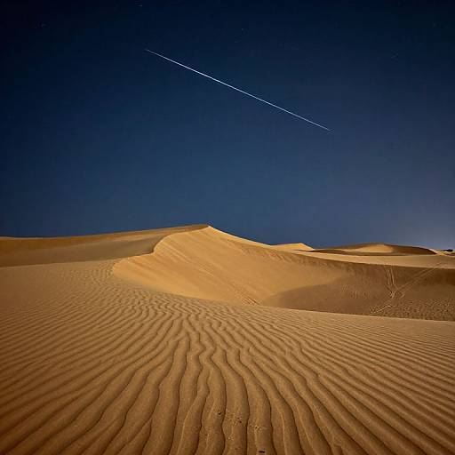 Photograph of a desert night scene with rippled sand dunes under a deep blue sky, illuminated by a bright star trail.