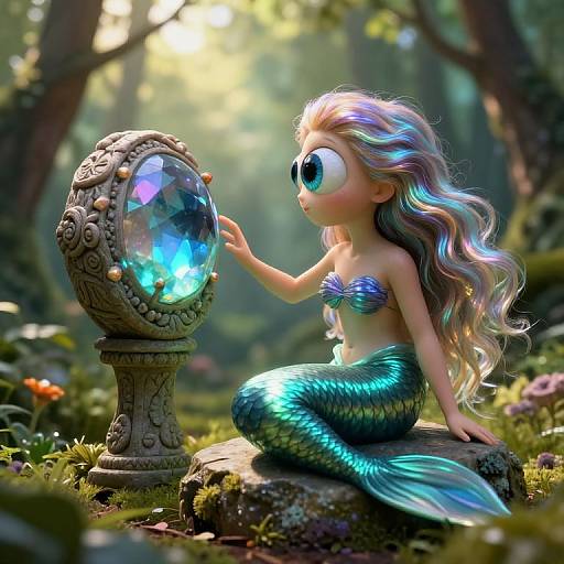 Digital artwork of a cute, wide-eyed mermaid with iridescent scales and long, wavy hair, touching a glowing, ornate orb in