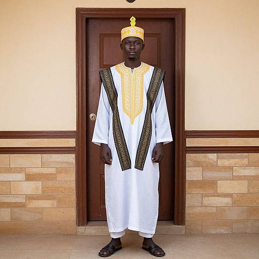 Photograph of a dark-skinned man standing in front of a wooden door, wearing a white traditional robe with gold and black embellishments, and a