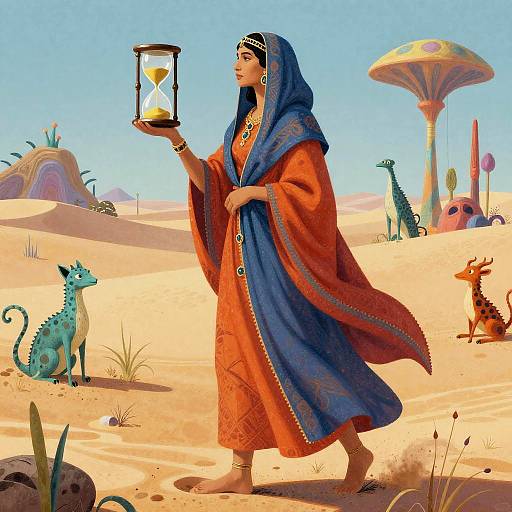 Digital illustration of a veiled woman in orange and blue robes holding a sand hourglass, standing in a surreal desert with colorful, fantastical creatures and