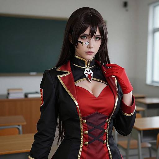 CGI cosplay of a dark-haired woman in a black and red military-style outfit with gold trim, red gloves, and face mask, standing in a