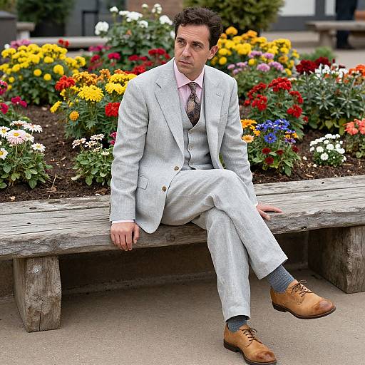 Photograph of a middle-aged man with short dark hair, wearing a light gray suit, pink shirt, brown shoes, and patterned tie, sitting