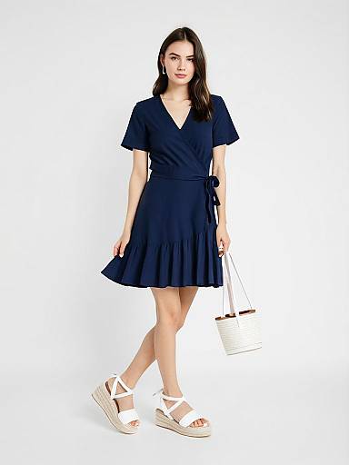 Woman in Navy Blue Wrap Mini Dress with Espadrille Sandals