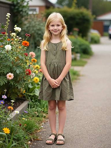 Shy Girl on Flower-Lined Path