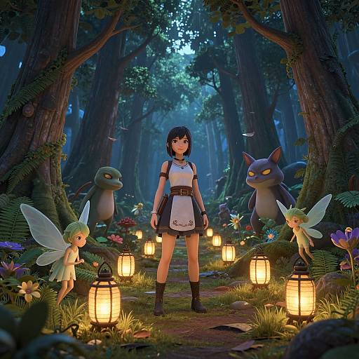Digital fantasy artwork: A dark-haired fairy girl in white and black attire stands center, flanked by glowing lanterns, two Pokémon (Gengar