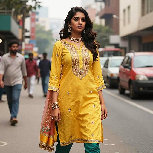 Photograph of a confident Indian woman in a yellow embroidered kameez, green pants, and silver jewelry, walking on a busy urban street with blurred
