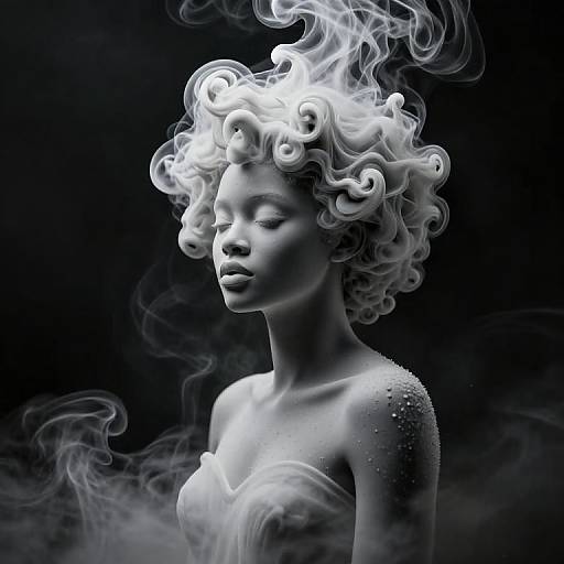 Monochrome digital artwork of a serene African-American woman with curly, smoke-like hair, closed eyes, bare shoulders, and subtle shoulder sparkles against a