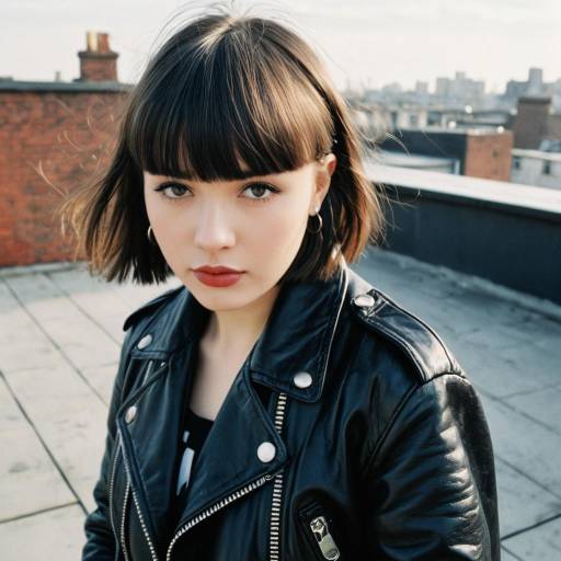 Young Woman with Baby Bangs in Leather Jacket on Rooftop