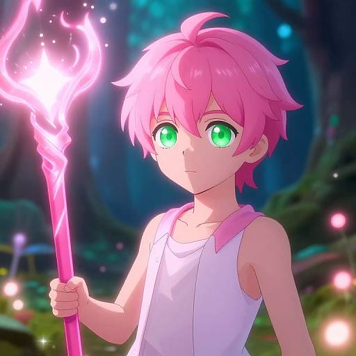 Digital anime-style drawing of a pink-haired boy with green eyes holding a glowing pink staff in a magical forest.