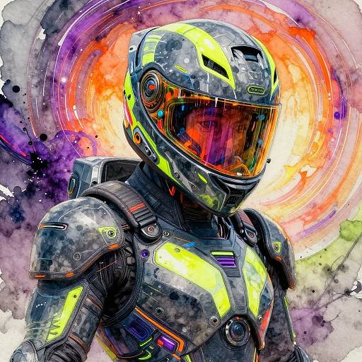 Digital artwork of a futuristic astronaut in a neon-yellow and black spacesuit with a reflective orange visor, against a vibrant, swirling background of red,