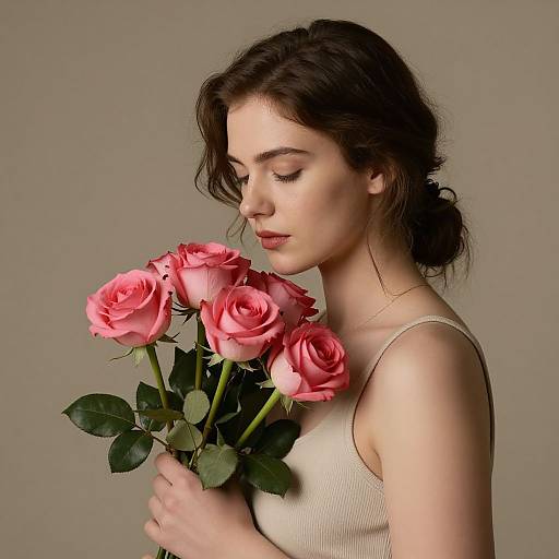 Photograph of a fair-skinned, brunette woman with wavy hair, wearing a beige tank top, gently holding pink roses, eyes closed, against