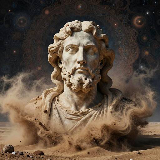 Photorealistic digital artwork of a weathered, wavy-haired marble statue of a bearded man with a halo, surrounded by swirling sand and cosmic