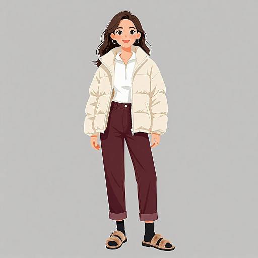 Digital anime-style drawing of a smiling woman with long brown hair, wearing a white jacket, white shirt, high-waisted dark pants, black socks